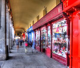 Arcade with souvenir shops at Plaza Mayor, Madrid, Spain, Europe