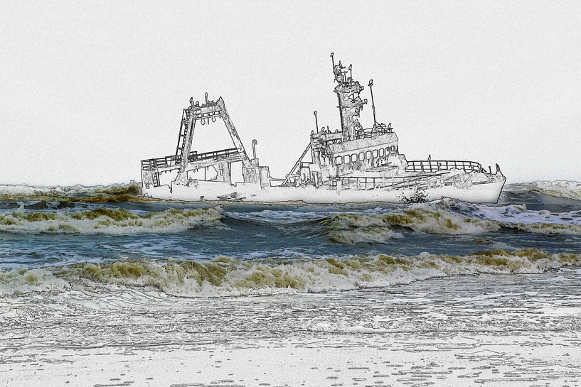 Schiffswrack vor der Küste, Foto / Skizze von Rietje Bulthuis