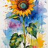 Zonnebloem aquarel kunst - ruwe structuur bloemschilderij van MIROKKU
