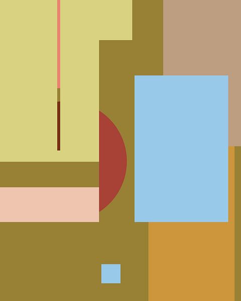 Geometric retro color blocks in light blue, olive green, ocher yellow, pink, red and yellow by Dina Dankers