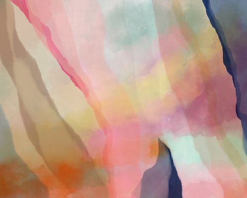 Kleurrijk modern abstract aquarel schilderij in roze, mint, geel, blauw en beige