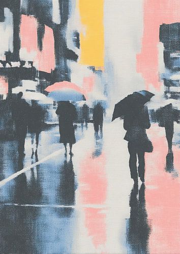 Mensen in de regen - Minimalistische olieverfkunst