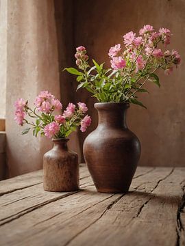 2 braune Vasen mit rosa Blumen auf altem Holztisch von Jan Bouma