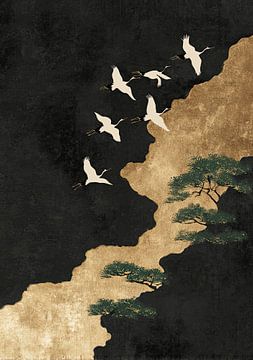 Kranen vliegen over een goudkleurig landschap van Niklas Maximilian