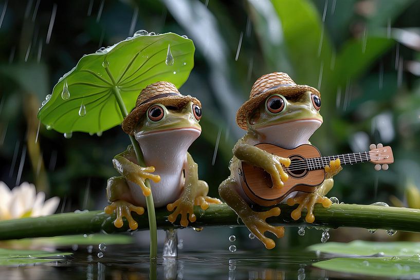 Frogs in the rain under a leaf umbrella. they play music. by Monique Leenaerts
