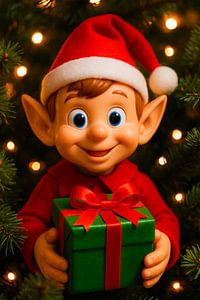 Fröhliche Weihnachtselfe mit grünem Geschenk für warme Feiertage