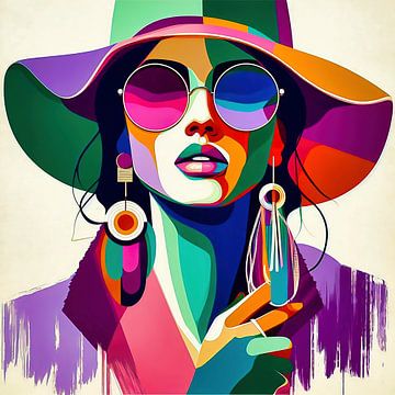 Femme avec chapeau, lunettes de soleil et boucles d'oreilles