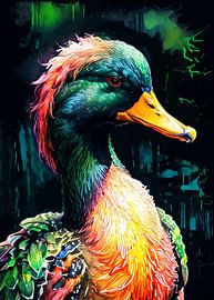 Peinture à l'aquarelle néon représentant un canard colvert – Décoration murale moderne sur le thème de la faune sauvage