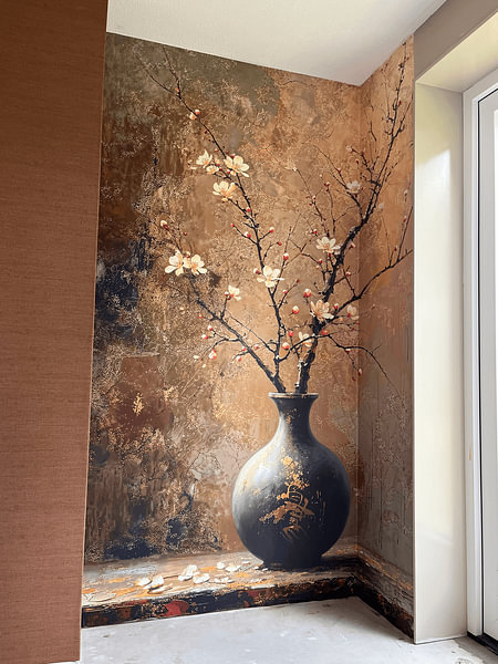 Klantfoto: Bruin | Japandi Bloem | Bruin van Kunst Kriebels, als behang