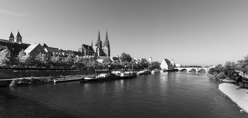 Regensburg Donau en Oude Stad Panorama (zwart-wit) van Frank Herrmann