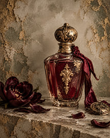 Essentie van weleer, Vintage parfumfles in bordeauxrood en goud van Dutch Art Works