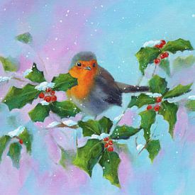 Rouge-gorge avec houx et baies rouges sur Karen Kaspar