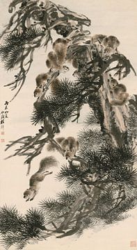Cheng Zhang,Een eekhoorn op een dennenboom, Chinese Bloem Print