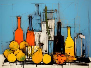 Fruits & Bottles - Expressieve Levendige Abstracte Kunst - Stilleven van Murti Jung