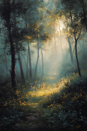 A golden path of light in a misty forest