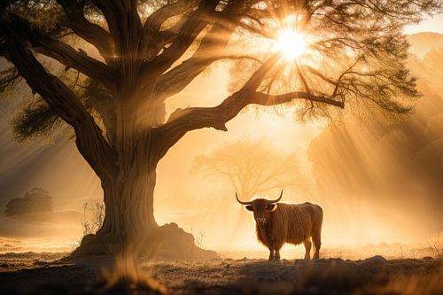Schotse hooglander gouden uur met lichtstralen