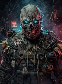 Cyberpunk-Vogelscheuche mit leuchtend cyanfarbenen Augen – Taktisches Biohazard-Halloween-Grafikdesign von Riswan Ratta
