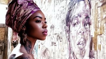 Tattooed woman with headwrap in front of graffiti by Frank Heinz