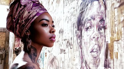 Getatoeëerde vrouw met hoofddoek voor graffiti