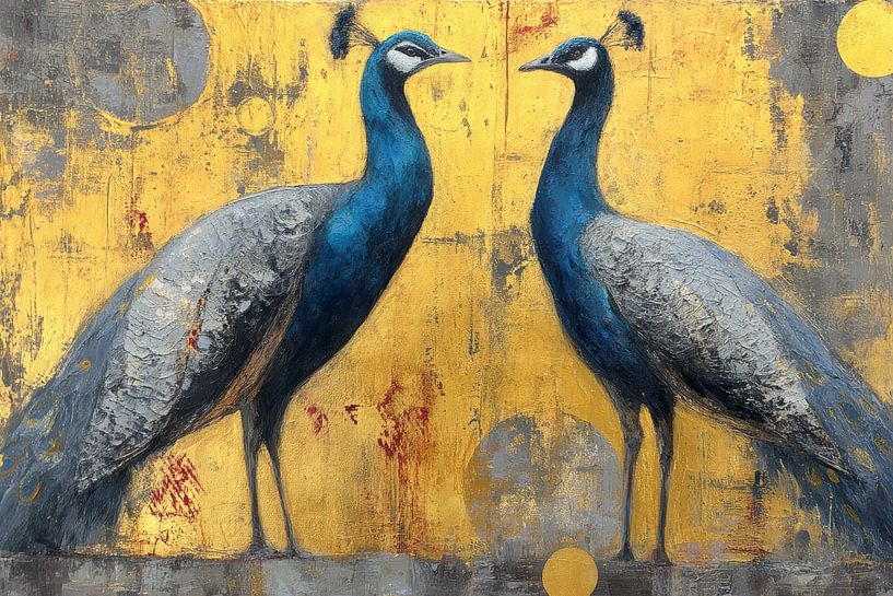 Two peacocks with gold background by Digitale Schilderijen