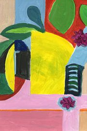 Chambre abstraite avec vase jaune et plantes sur Ellen Ter Beek