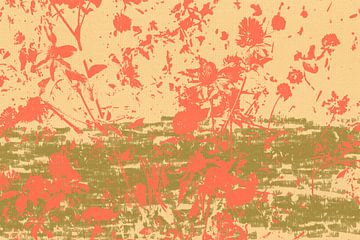 Flowers in coral on yellow and warm green. Modern botanical art. by Dina Dankers