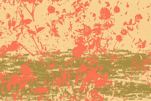 Fleurs couleur corail sur fond jaune et vert chaud. Art botanique moderne. sur Dina Dankers