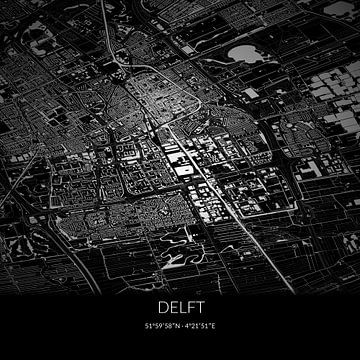 Zwart-witte landkaart van Delft, Zuid-Holland. van Rezona