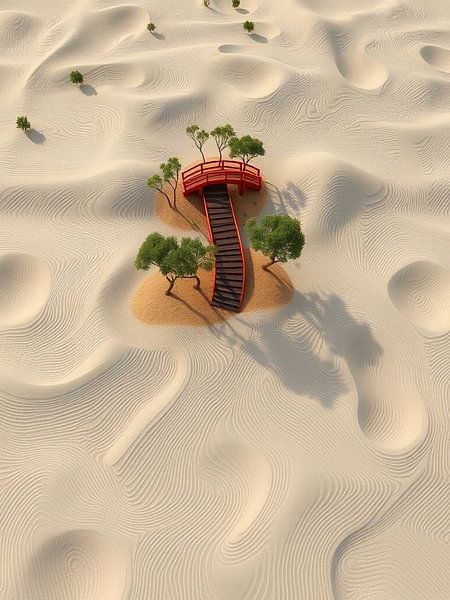Jardin zen de la sérénité : Un paysage minimaliste de sable battu avec un pont rouge et des arbres verts par Artistic
