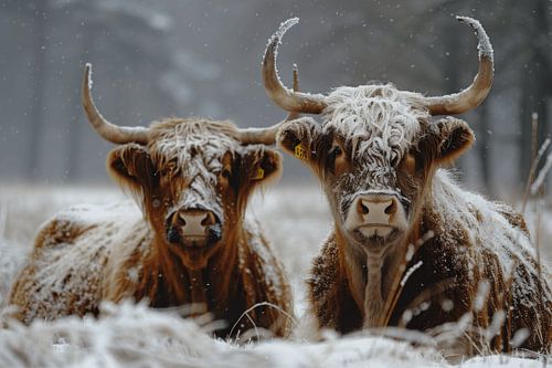 Besneeuwd wonder: Hooglanders in winterse pracht - een fascinerende foto voor liefhebbers van rustieke charme