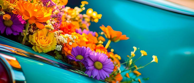 Flower arrangement in vintage car by Poster Art Shop