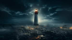 Leuchtturm bei Nacht im Nebel eines Nordseesturms mit einem mystischen Himmel