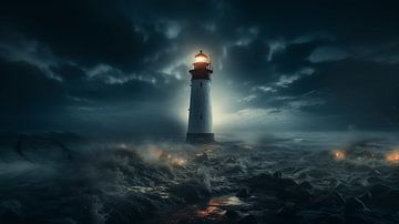 Lighthouse at night in the fog of a North Sea storm with a mystical sky by Animaflora PicsStock