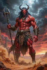 Dark Fantasy Wandbild: DIABRAX – Der Teufel in der Wüste bei Sonnenuntergang