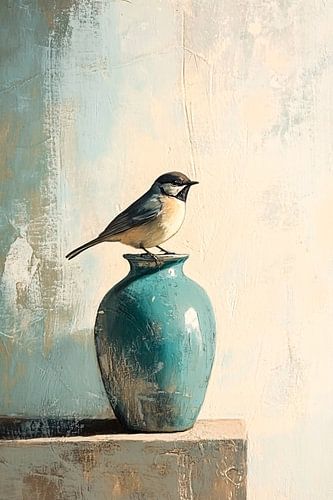 Vogel op vaas in schilderij