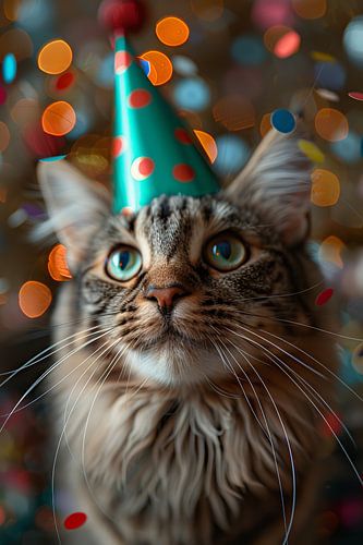 Grappige kat viert verjaardag met feestmuts en taart