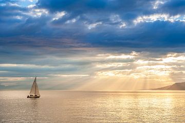 A small sailboat set sails on Leman lake (Switzerland).