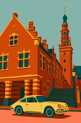 Classic Porsche 911 in Historic Dutch Street – Flat Design Illustration