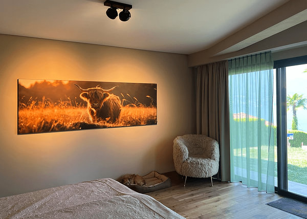 Klantfoto: Panorama van een schotse hooglander tijdens het gouden uur van Digitale Schilderijen, als ArtFrame
