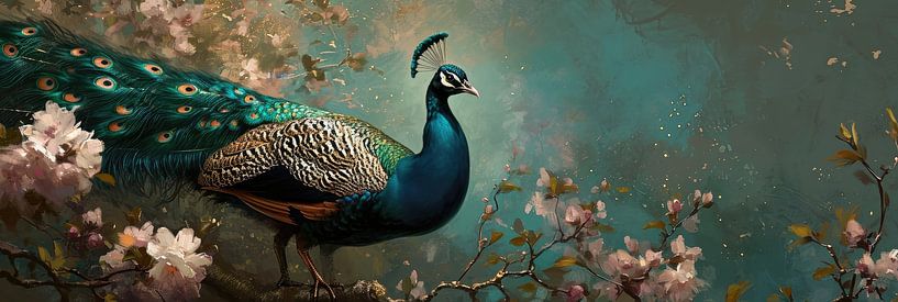 Elegantes Design eines Pfaus auf einem Panorama von Digitale Schilderijen