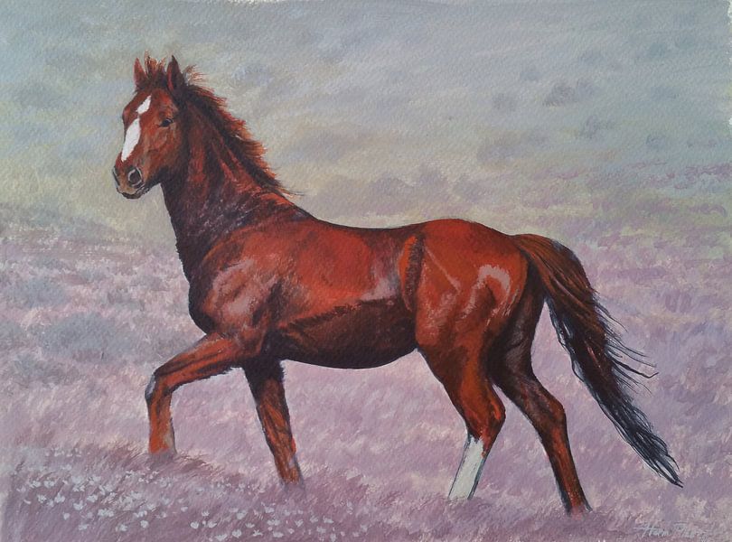 Bruin Paard in landschap par Harm Plat