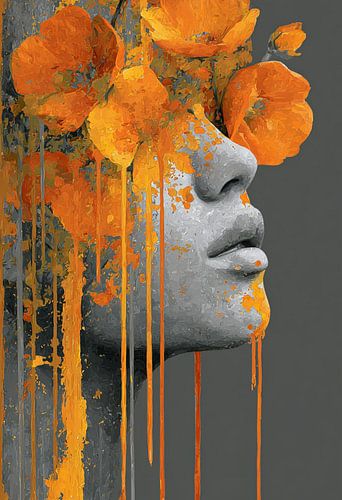 Orange Bloom – Abstraktes Porträt mit orangefarbenen Blumen