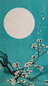 Traditioneller japanischer Holzschnitt: Blühende Kirschblüten bei Vollmond in Aquablau