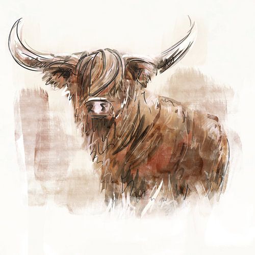 Impressionistisch werk met oranje geel en rood zomerse schotse hooglander