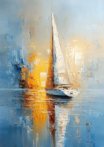 Zeilboot in gouden licht - Abstract olieverfschilderij