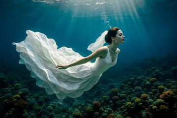 Floating bride - Diving between light and coral by Klaus Tesching - Art-AI
