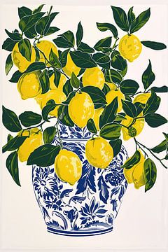 Fresh Lemons in Blue Flower Vase by Steinfox Art