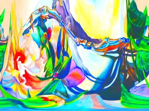 Abstracte vervormde pioenroos op dienblad