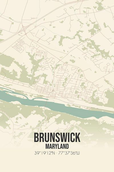 Vintage landkaart van Brunswick (Maryland), USA. van Stad & Wand