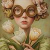 Portrait surréaliste avec des tulipes et des lunettes rondes sur But First Framing